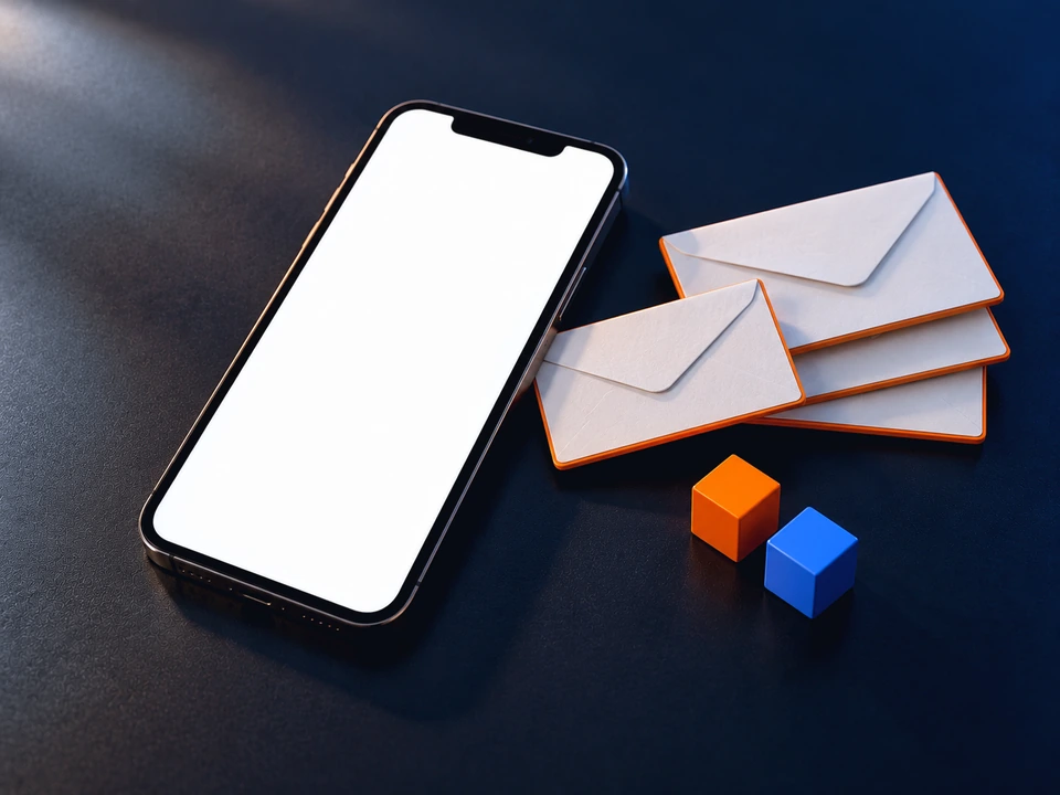 A phone on a dark desk answering a customer message automatically with a confirmed booking, beside a stack of message cards.