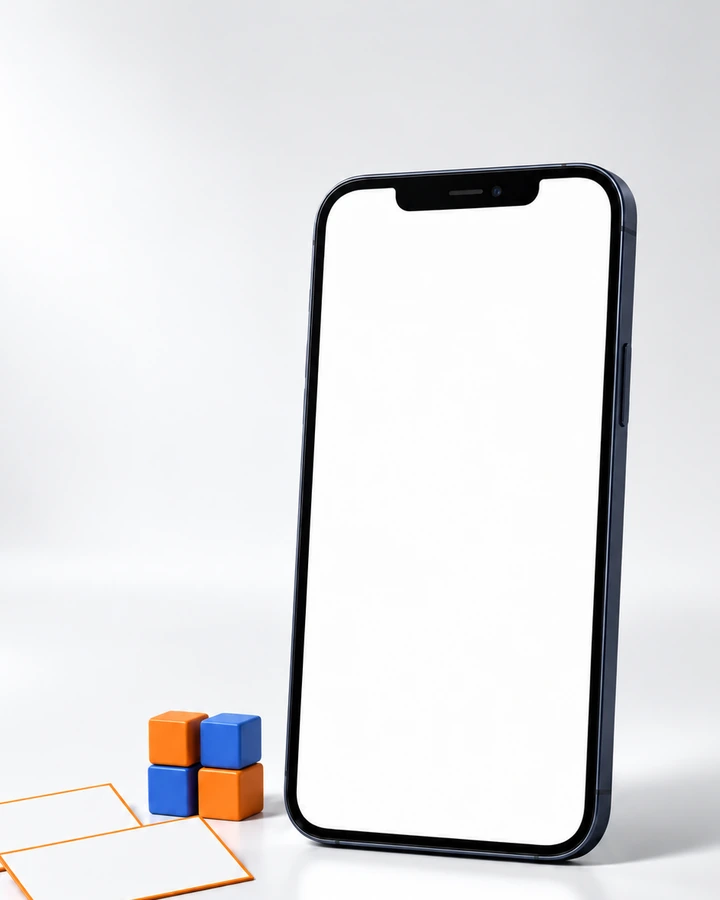 A phone showing today's bookings, orders and calls in one app, beside two blank order cards and a small stack of orange and blue blocks.
